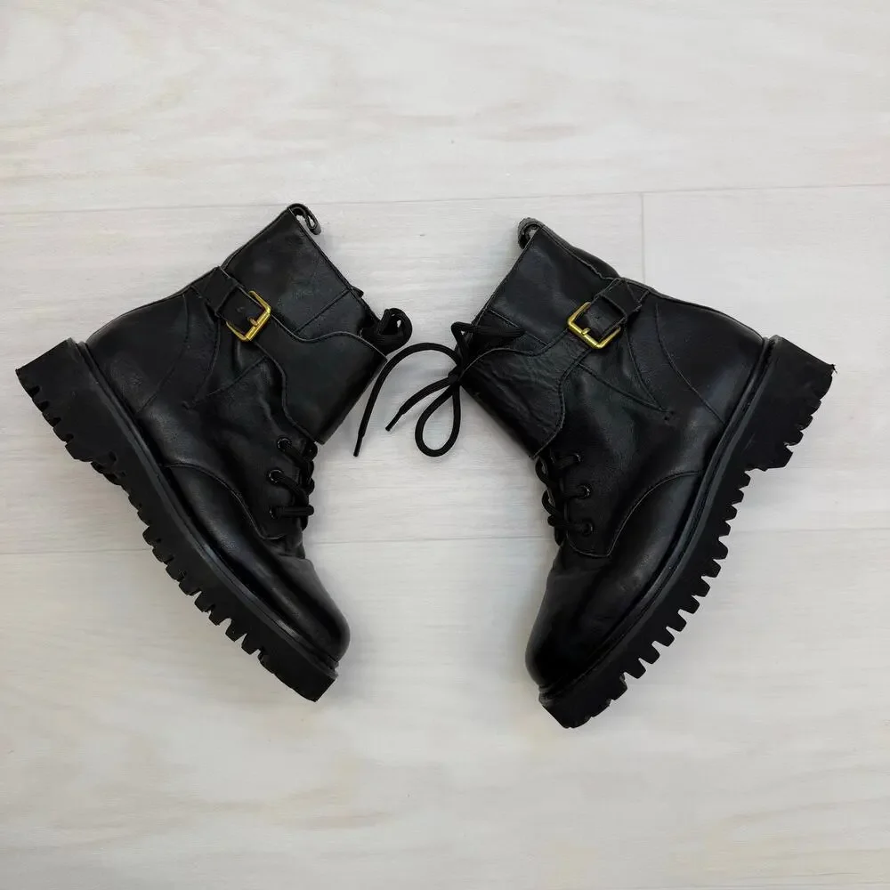 Valentino Black Leather Lace-Up Boots with Gold V-Buckle